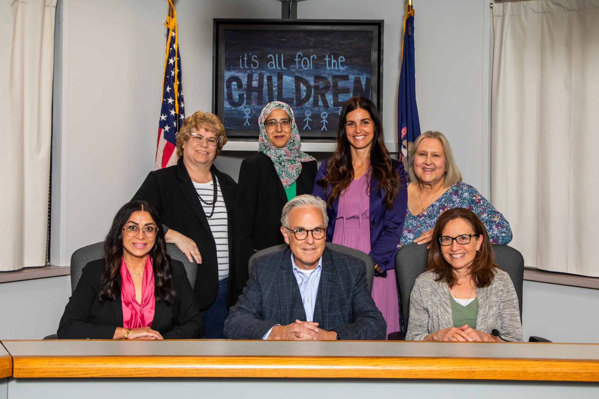 Board of Education Members from left to right bottom row: Anupam Chugh Sidhu, Patrick Kehoe, Sheryl Picard. Top row from left to right: Judy Westra, Aamina Ahmed, Lauren Christenson, Patti McCoin